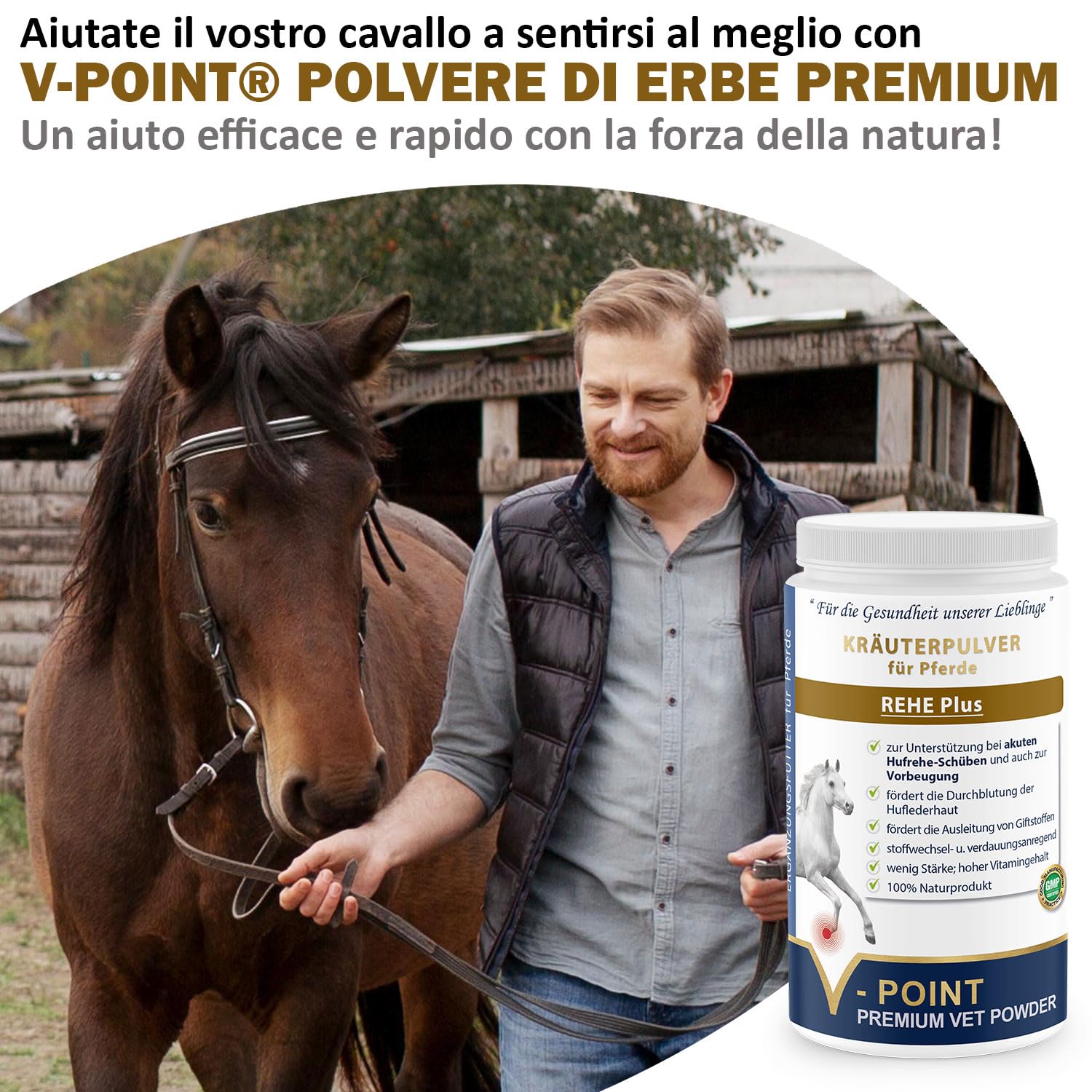 V-POINT REHE Plus per la prevenzione degli attacchi di laminite acuta favorisce la circolazione sanguigna nel corium dello zoccolo - con polvere di rosa canina cardo mariano spirulina (450g)