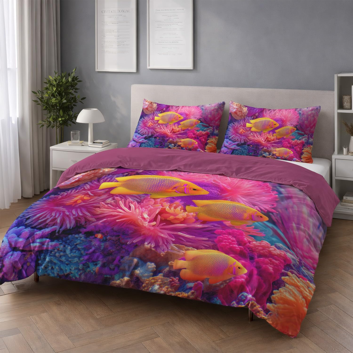 Generic Zestaw poszewek na kołdrę, żywa koral, ryba, król, 229 x 221 cm, różowa pościel fantasy, 3-częściowy zestaw, miękka mikrofibra, zestaw poszewek na kołdrę dla dzieci, dorosłych, dekoracja