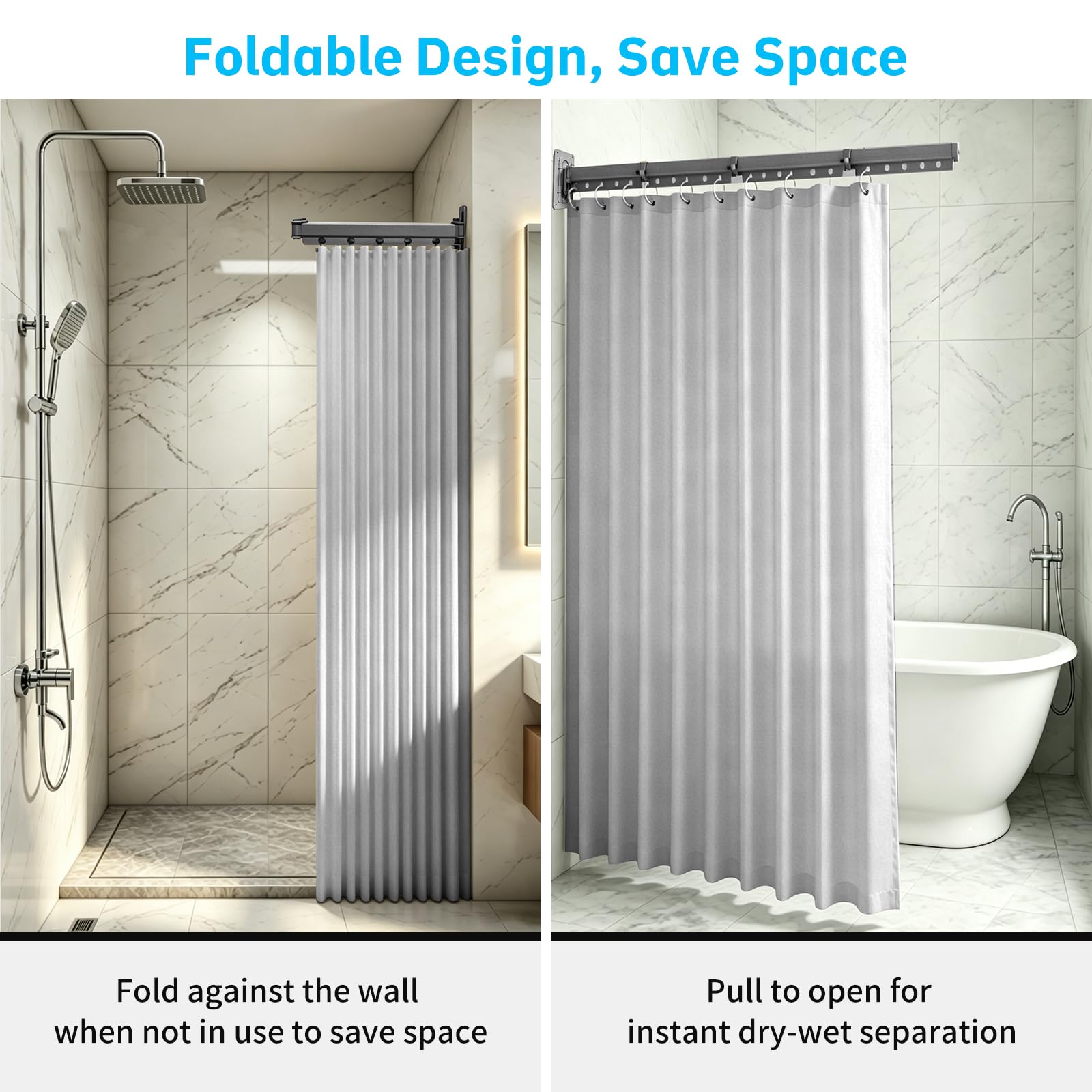 Rideau de douche pliable avec tringle, tringle de douche pliable en 4 sections, t-ringle d'angle murale pour salle de bain,baignoire,vestiaire,pliable et peu encombrante,sans perçage
