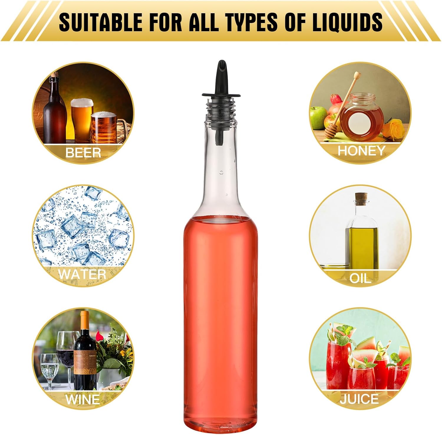 Tioncy 10 Sets 15oz Plastic Liquor Bottles with Pourers Sets 10 Plastic Long Neck Syrup Bottles with Pourer and Caps Reusable Leakproof for Home Party Bar(Black) - Image 3