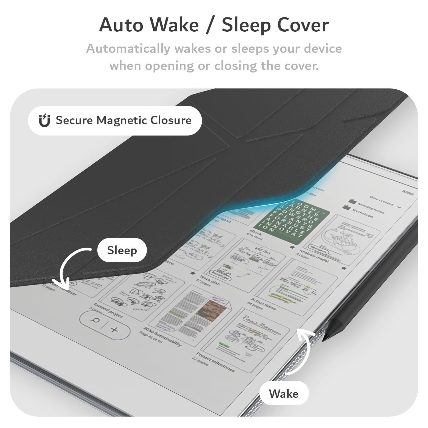 TUDIA M-FLIP Detachable Clear Magnetic Case for reMarkable Paper Pro 11.8" - Slim Transparent Cover with [Auto Wake/Sleep] Strong Magnetic Closure, Foldable Stand & Built-In Stylus Slot (Black) - 4