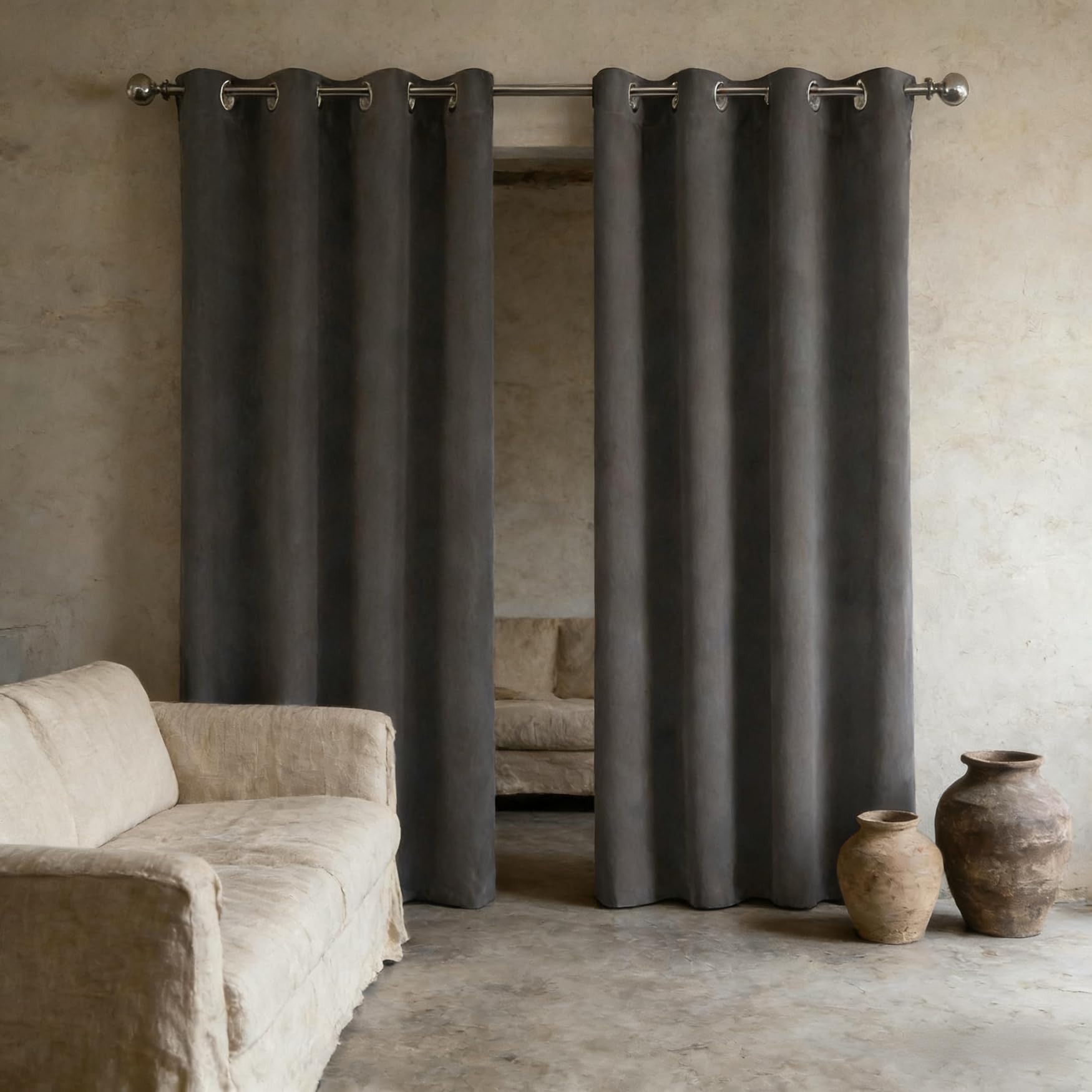Rideau isolant gris 130x190 cm haut de gamme insonorisant à œillets pour salon