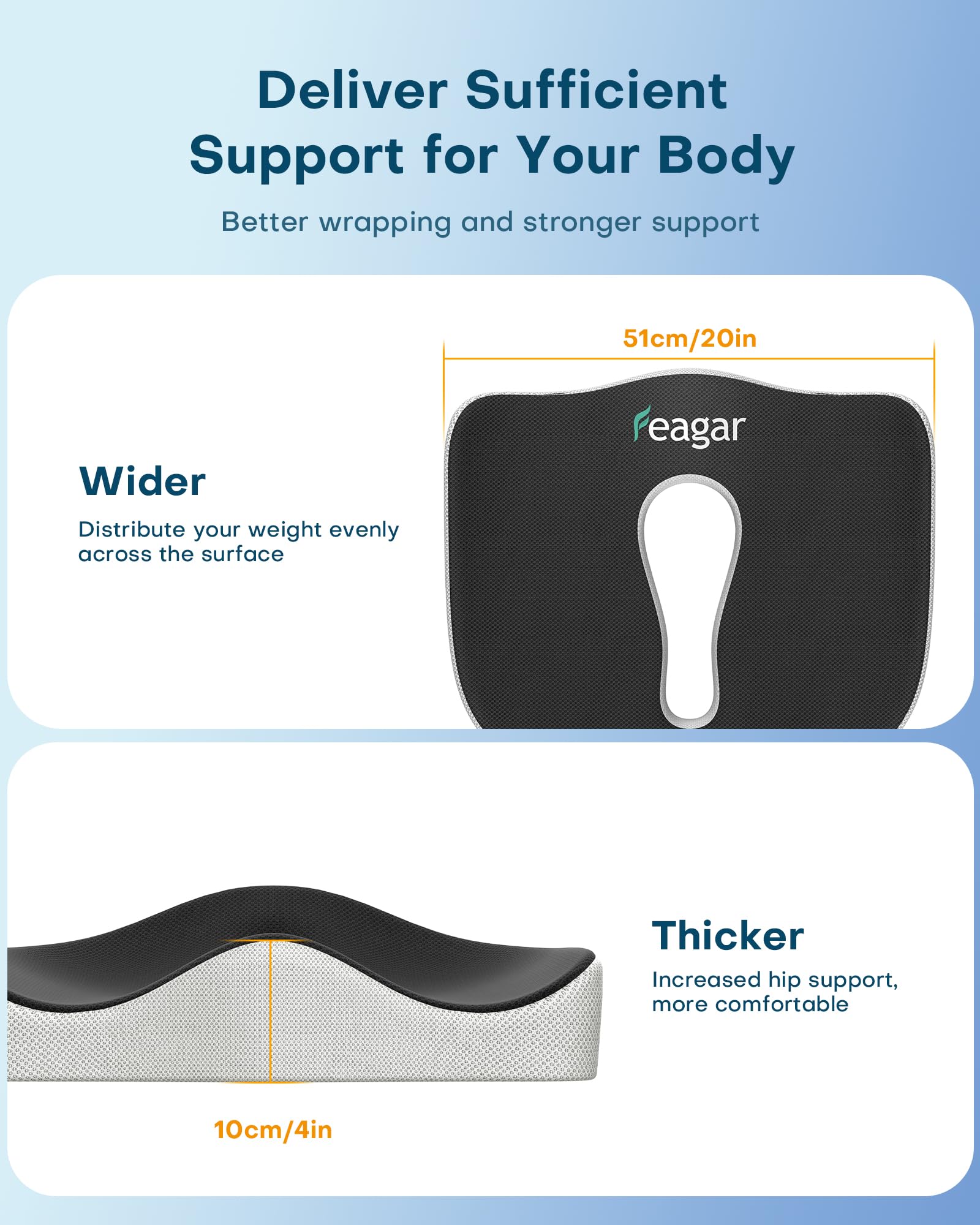 Feagar Cuscino Sedia Ufficio Grande: Ergonomico Cuscini per Sedie Antiscivolo XXL, Alleviare la Pressione, Comodo e Morbido Ortopedico Cuscino Memory Foam Sedia per Emorroidi, Auto, Sedia da Gioco