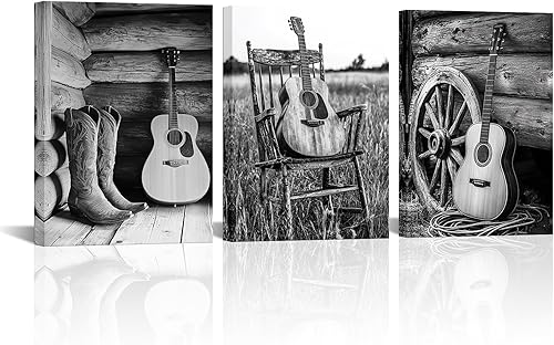 AoArtWZ Lienzo de guitarra para pared, diseño de paisaje de granja, decoración de pared, botas occidentales en blanco y negro, impresión de imagen