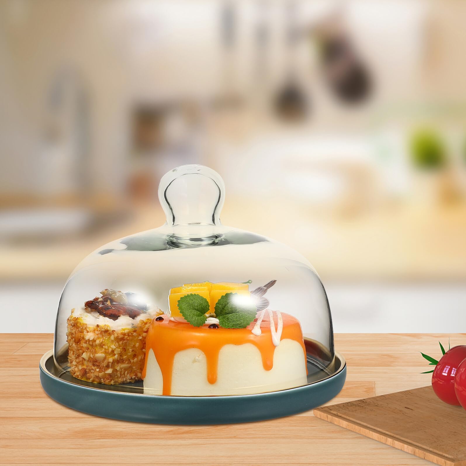 Toyvian Kuchenplatte mit Glasdeckel aus Keramik und Glas Einfache Form Stilvolles Design Praktisch zum Aufbewahren und Servieren von Kuchen und Obst