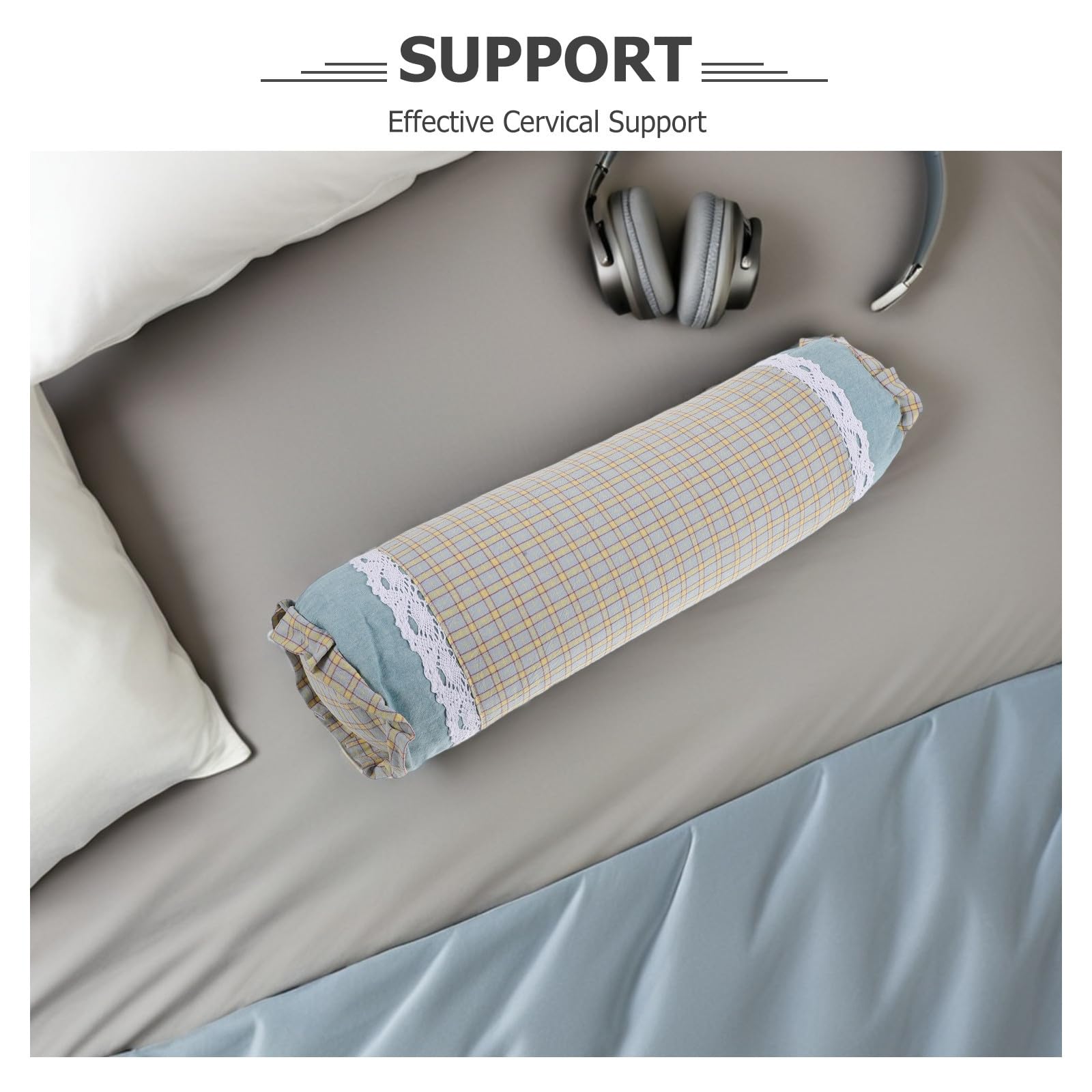 POPETPOP Almohada Ortopédica Cervical de Forma Cilíndrica Relleno de Cáscara de Alforfón y Funda de Tela a Cuadros Transpirable para Dormir y Yoga