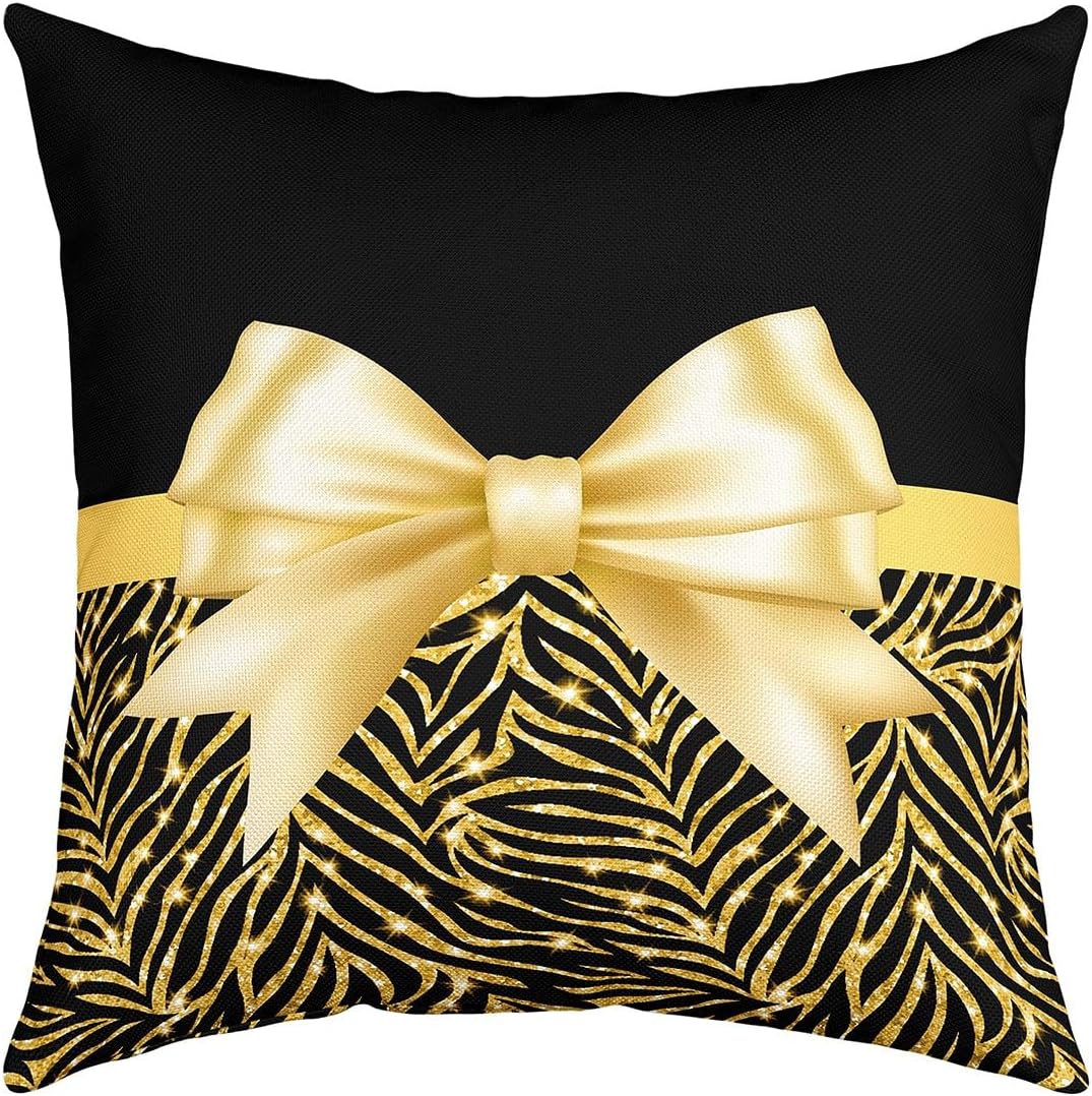 jejeloiu Silver Glitter Print Cushion Case 18"x18" Set of 4 Silver Bowknot Decor Cushion Case Set Pastel Print Throw Pillow Covers Black Decorative Pillowcase for Sofa Couch Bed Chair Car(No Glitter)