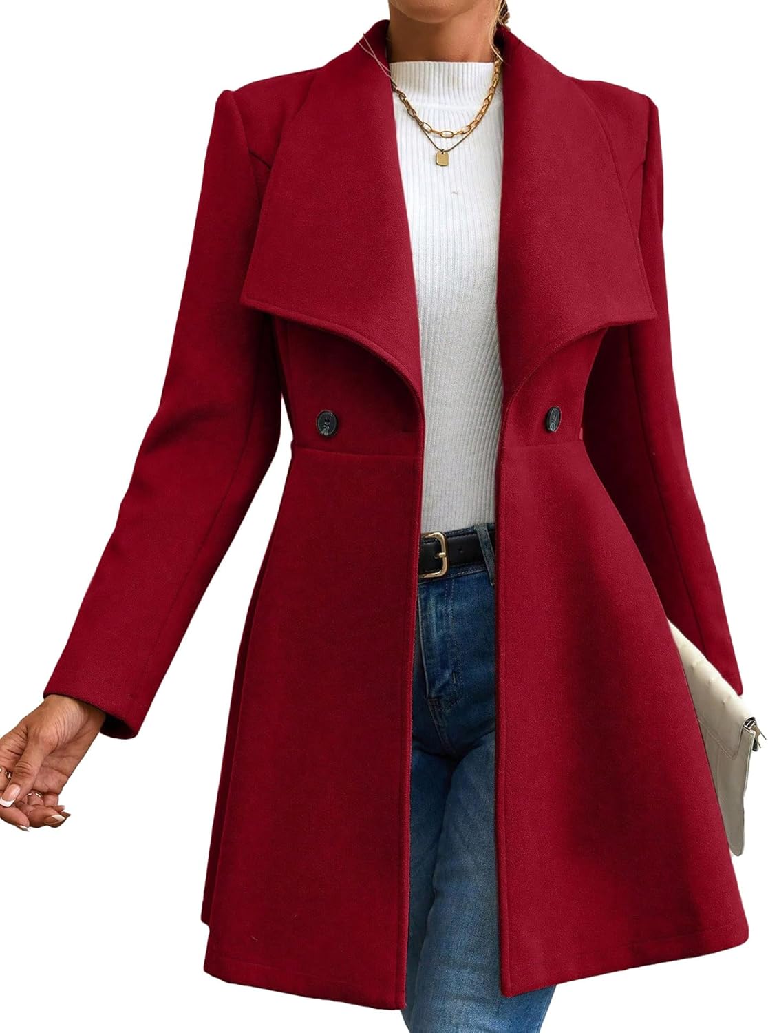 Sexyshine Women's Winter Double Breasted Trench Coat Shawl Collar Wool Blend Pea Coat Swing Flared A Line Midi Overcoat
