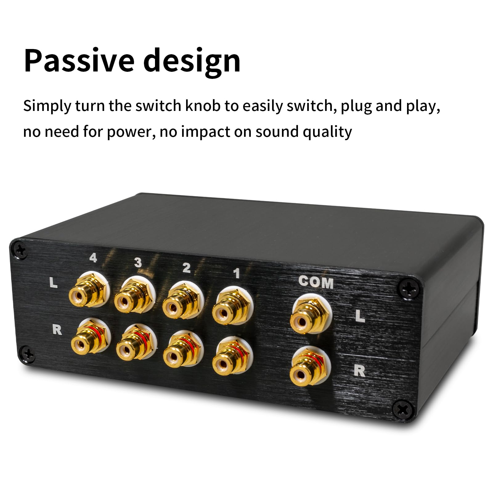 Conmutador pasivo de audio estéreo L/R de 4 vías, salida 4 en 1 y 1 en 4 salidas, señal sin ruido para sistema de alta fidelidad, tocadiscos, PC, reproductor de CD, aluminio