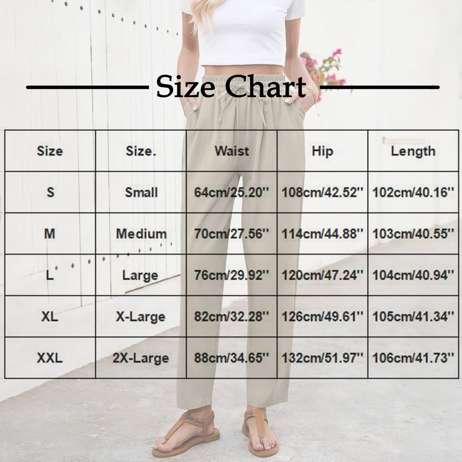 Womens Linen Pants with Pockets, High Waisted Comfy Casual Straight Leg Pants Lace Side Lightweight Loose Trousers