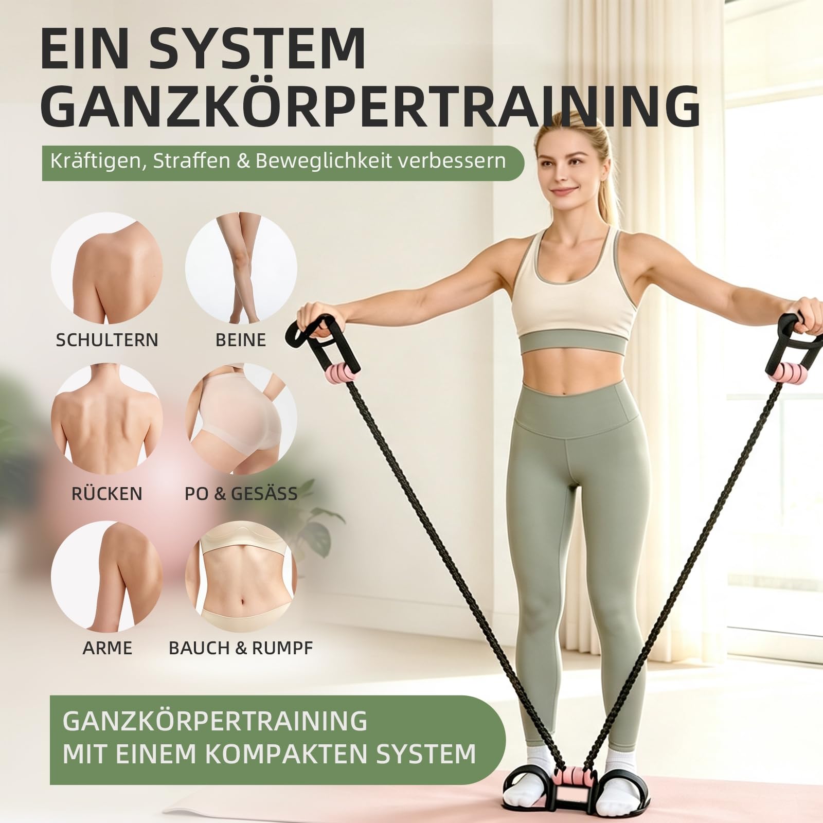 Pedal Widerstandsband mit Griff & Video-Guide | 20–60 kg einstellbar, 3 Bänder | für Bauch, Beine, Po & Reha-Training zuhause