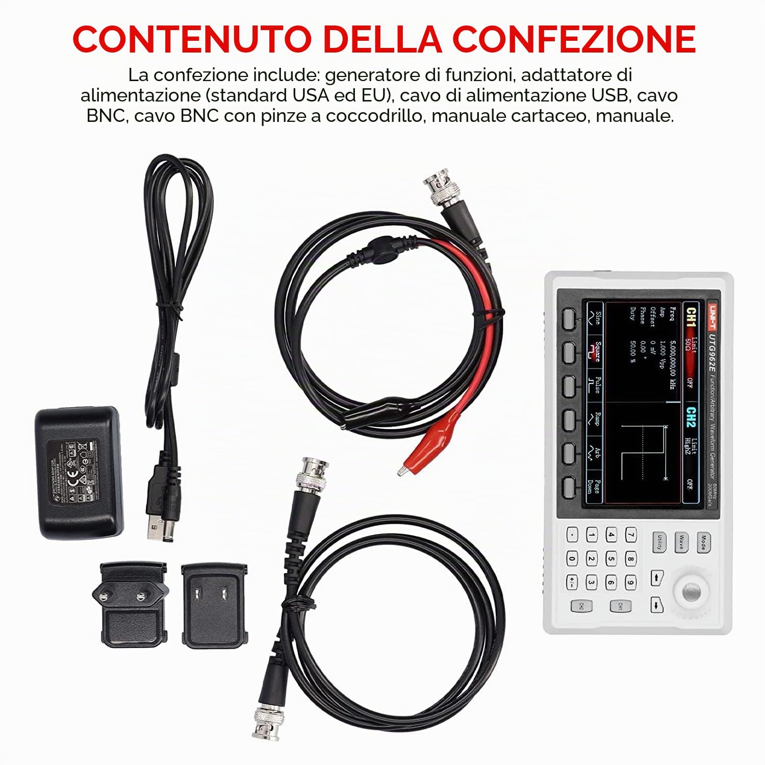 UNI-T UTG962E Generatore di segnale, DDS 60 MHz Function Arbitrary Waveform Generator con TFT LCD da 4,3 pollici, misuratore di frequenza 200 MSa/s a 2 canali (110-240 V EU Plug)