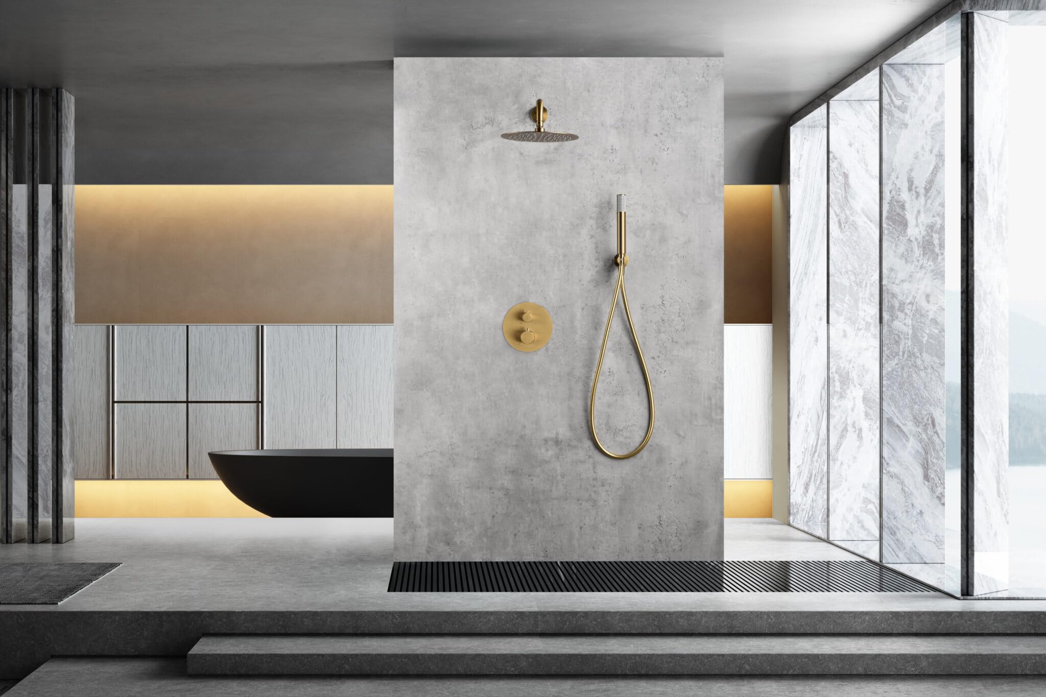 IMEX Sistema doccia Termostatico Serie Monza - Spruzzatore in acciaio inox extra piatto da 25 cm, rubinetteria in ottone con cartuccia termostatica e sistema di autopulizia TURN CLEAN (oro