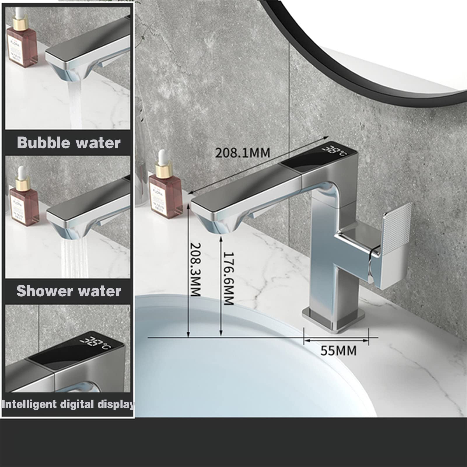 Grifo para Lavabo de baño, con Pantalla Digital LCD, Giratorio 360 Grados, extraíble, con caño de 2 Modos, de latón, con función de Giro Inteligente para Agua de Lavado (Color: CRO