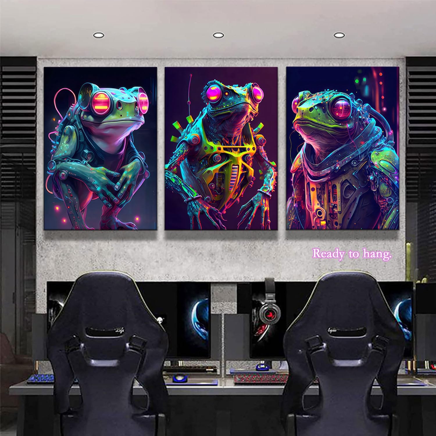 Framed Video Game Decor Set of 3 Boys Room Canvas Wall Art for Bedroom Gaming Playroom Cyberpunk Frog Soldier Canvas Wall Art Framed Prints for Boys' Gaming Room Decor - Ready to Hang (12x16x3)
