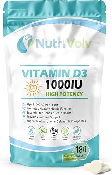 Vitamin D 1000IU | 6 Months Supply | 180 Easy-Swallow Vitamin D3 Vegetarian Tablets | High Strength | Immune & Bone Support Supplement | General Health & Wellbeing | 25 g