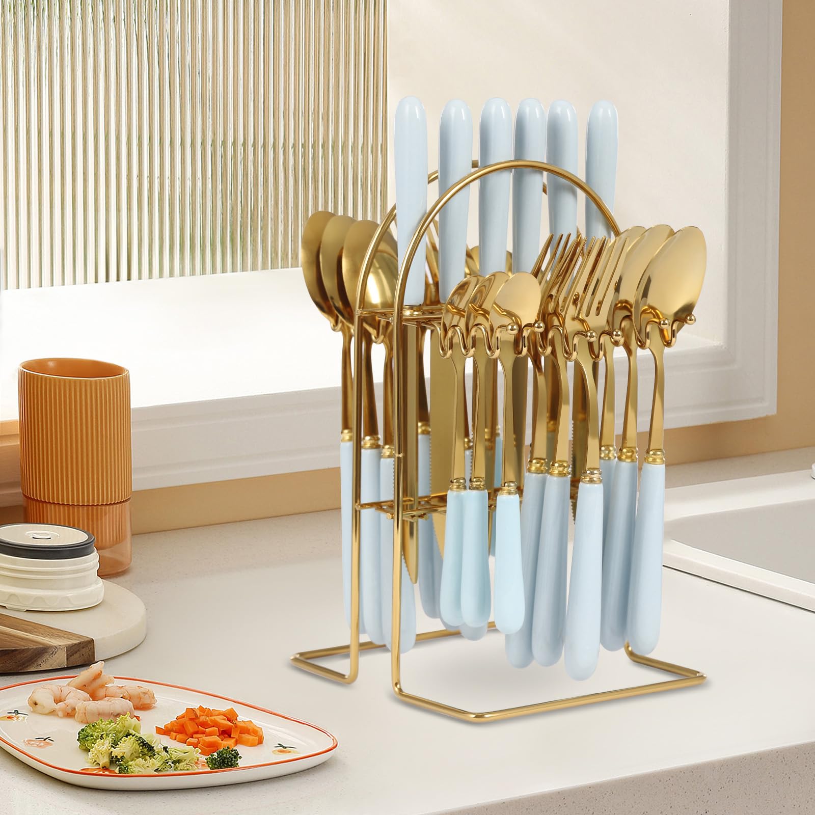 24pcs Mixed Cutlery Set Stainless Steel Ceramic Handle Tableware Dinnerware Set with Storage Stand-Knives/Spoons/Forks/Teaspoons for Family, Restaurants, Restaurants, Parties (Pure Blue+Gold)
