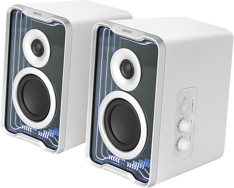 QR30 RGB Light Desktop Computer Gaming Speakers, 30W RMS, White | Bluetooth 5.4 Multipoint, Wireless Bookshelf Speaker, 3.5mm AUX & USB-A Wired Inputs, Silk Tweeter, Gaming Desktop Design