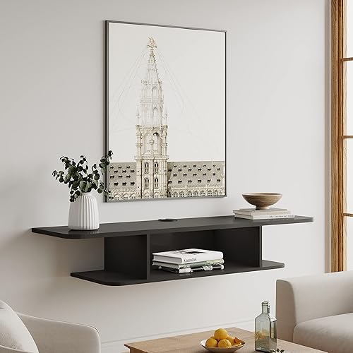 Miniatura 8 de FITUEYES Soporte de TV flotante negro montado en la pared con luces LED, consola multimedia, gabinete de almacenamiento de audio y video para