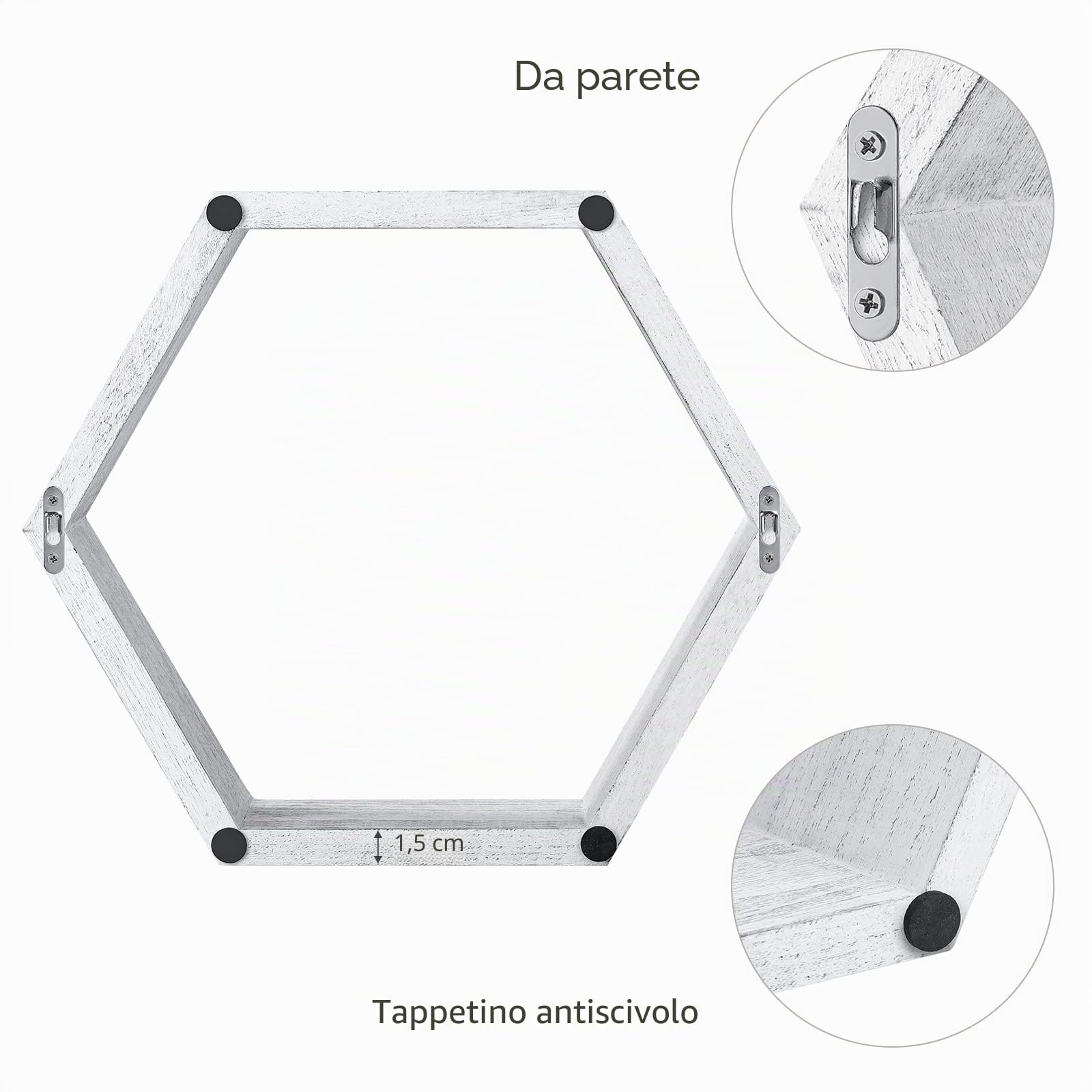 YBING Set di 6 mensole galleggianti esagonali da parete, in legno, a nido d'ape, esagonali, decorazione da parete, per camera da letto, soggiorno, grigio-bianco