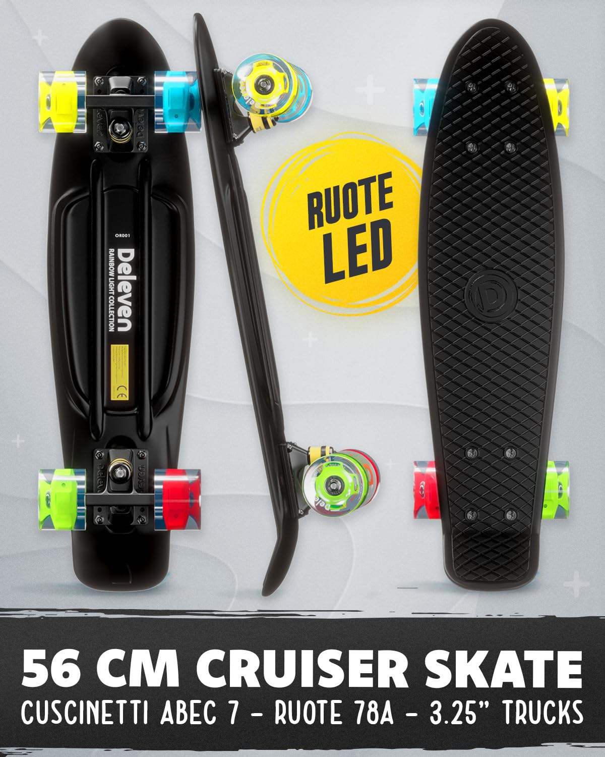 Deleven Skateboard 56cm con Ruote LED, Tool per Skate e Cuscinetti Abec 7 - Per Bambini Principianti Ragazze Ragazzi Adolescenti Adulti