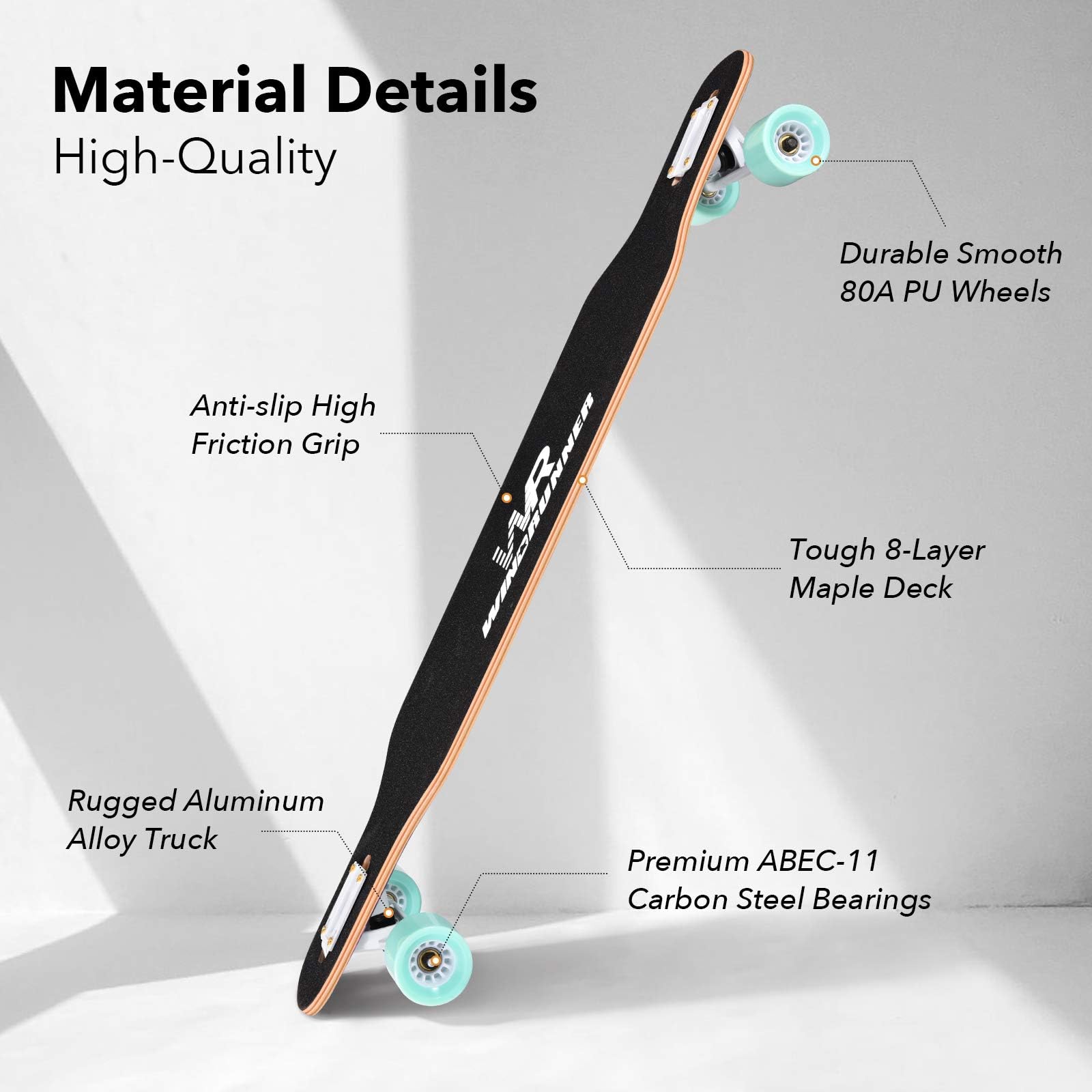 Windrunner Freeride - Tabla de Skate de 104 cm, 8 Capas de Arce Natural con caída a través de Freestyle para Crucero, tallar, Estilo Libre y Cuesta Abajo. Modelo Turquoise