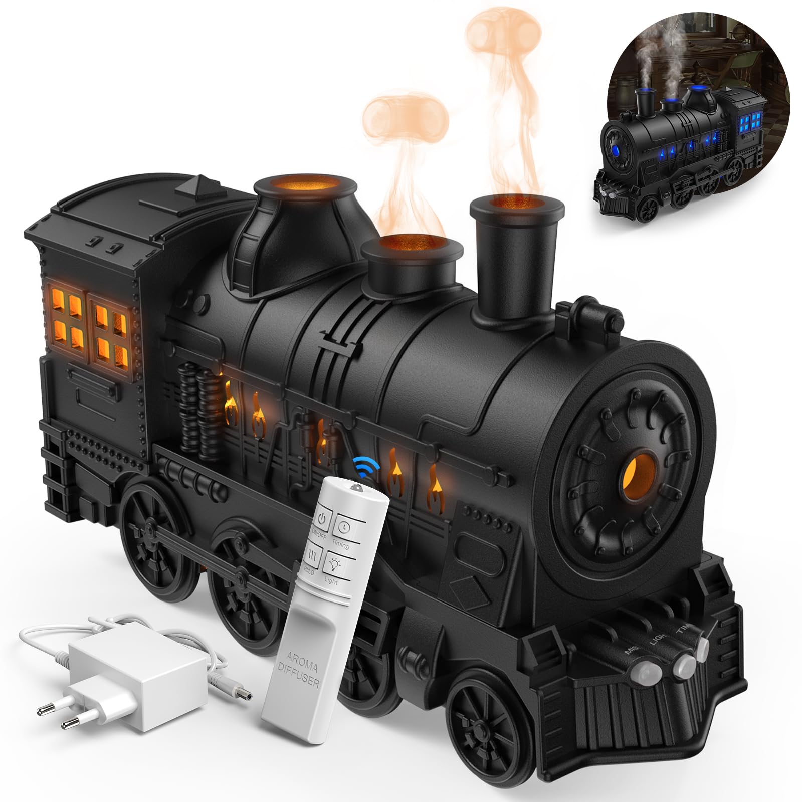 Jeebel Difusor Aroma para Aceite Esencial - 300 ml Difusor con Estilo de Tren, Efecto Llama, Mando a Distancia, Enchufe UE - Mini Humidificador de Vapor Frío para Aromaterapia en Dormitorio Oficina