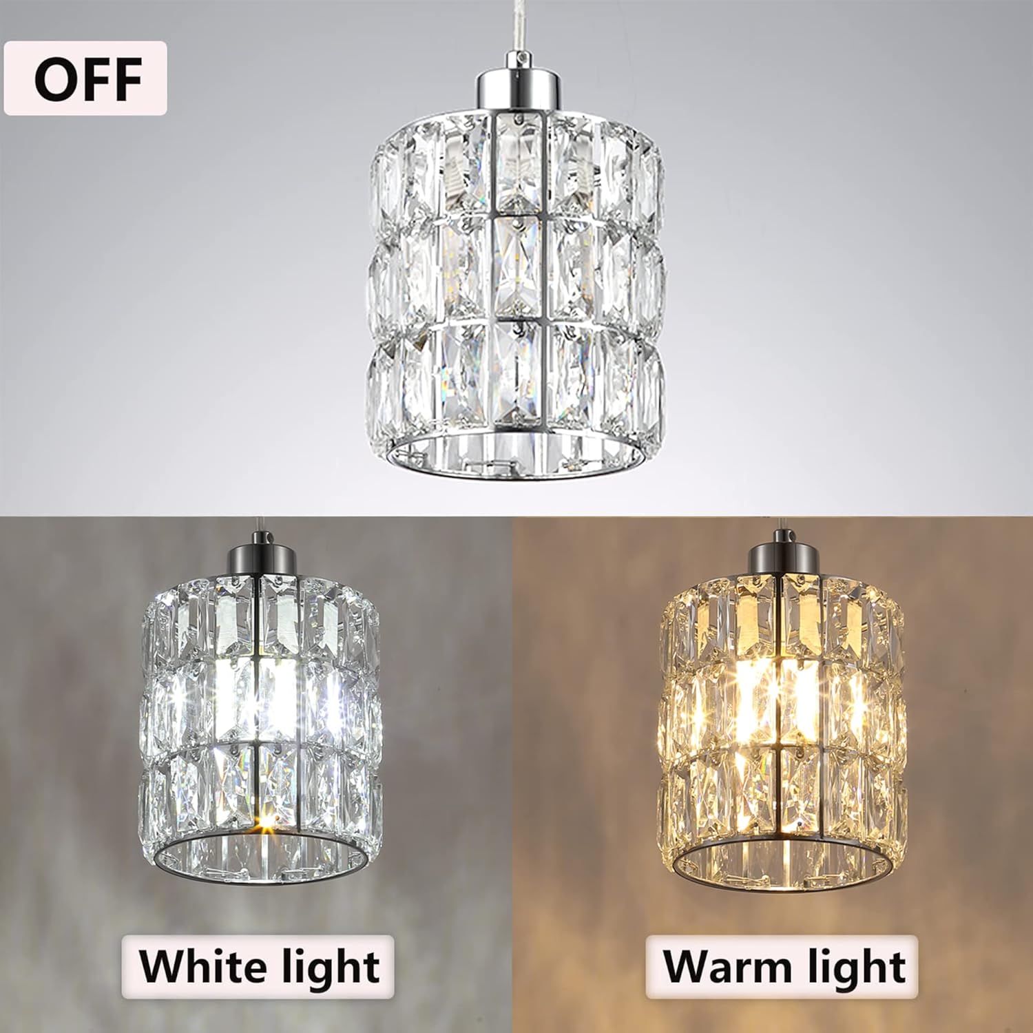 3 Pack Chrome Crystal Pendant Light, Mini Pendant Lights for Kitchen Island with Crystal Plate Metal Shade, Modern Concise Pendant Silver Fixture for Foyer Hallway, Dining Room