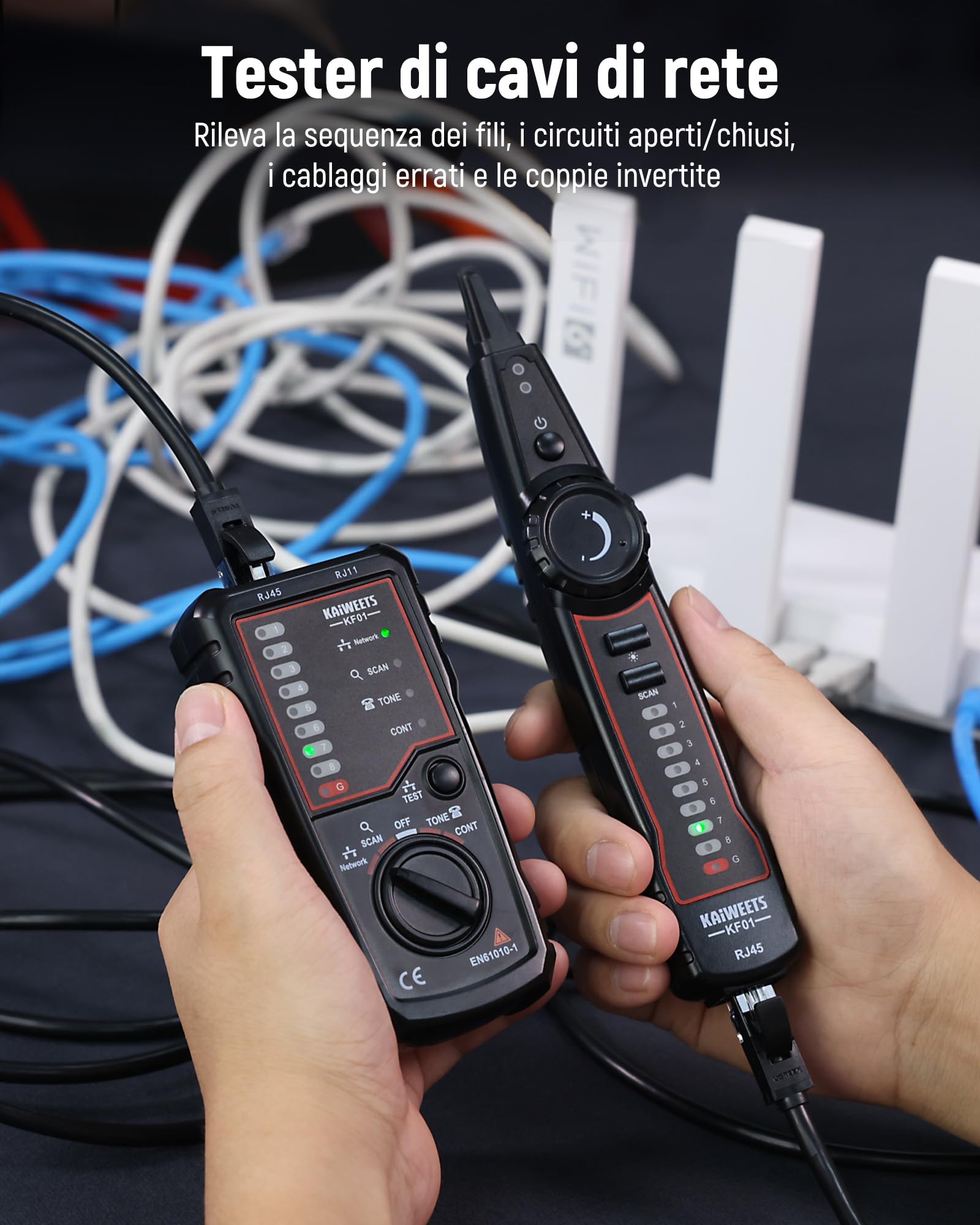 KAIWEETS tester rj45 – Tester per cavi RJ45 RJ11, linea telefonica e cavo LAN, per tracciamento, test di linea e continuità