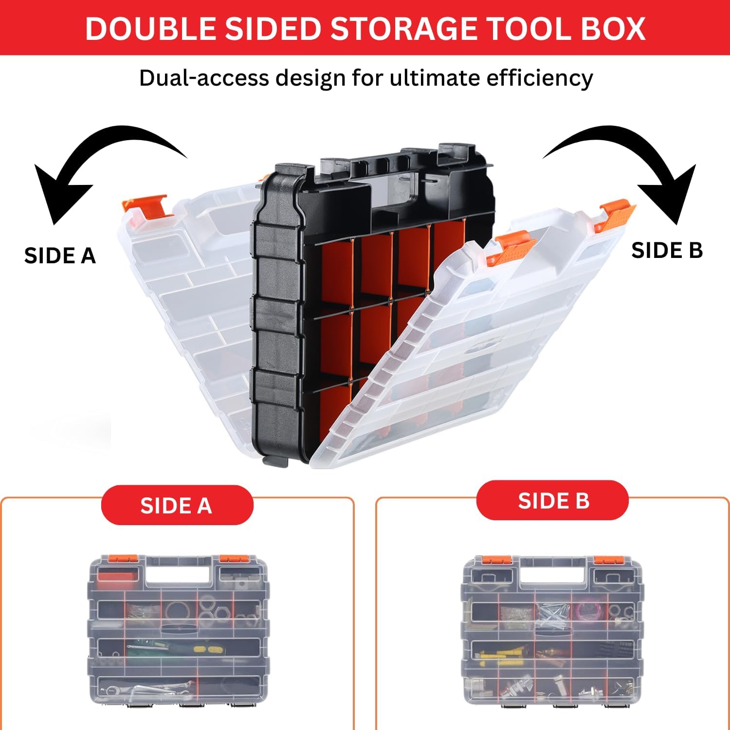 Andalus Tools Organizer Box, Small Parts Storage 34-Compartment Double-Sided Portable Hardware Organizer Removable Plastic Dividers for Screws, Nuts, Bolts, Nails – Orange (2 Pack, 12.5" x 10.5" x 3")
