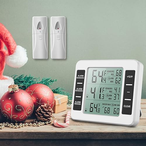 Miniatura 9 de ORIA termómetro de refrigerador, inalámbrico, digital, termómetro para congelador con 2sensores inalámbricos, alarma audible, registro mínimo y