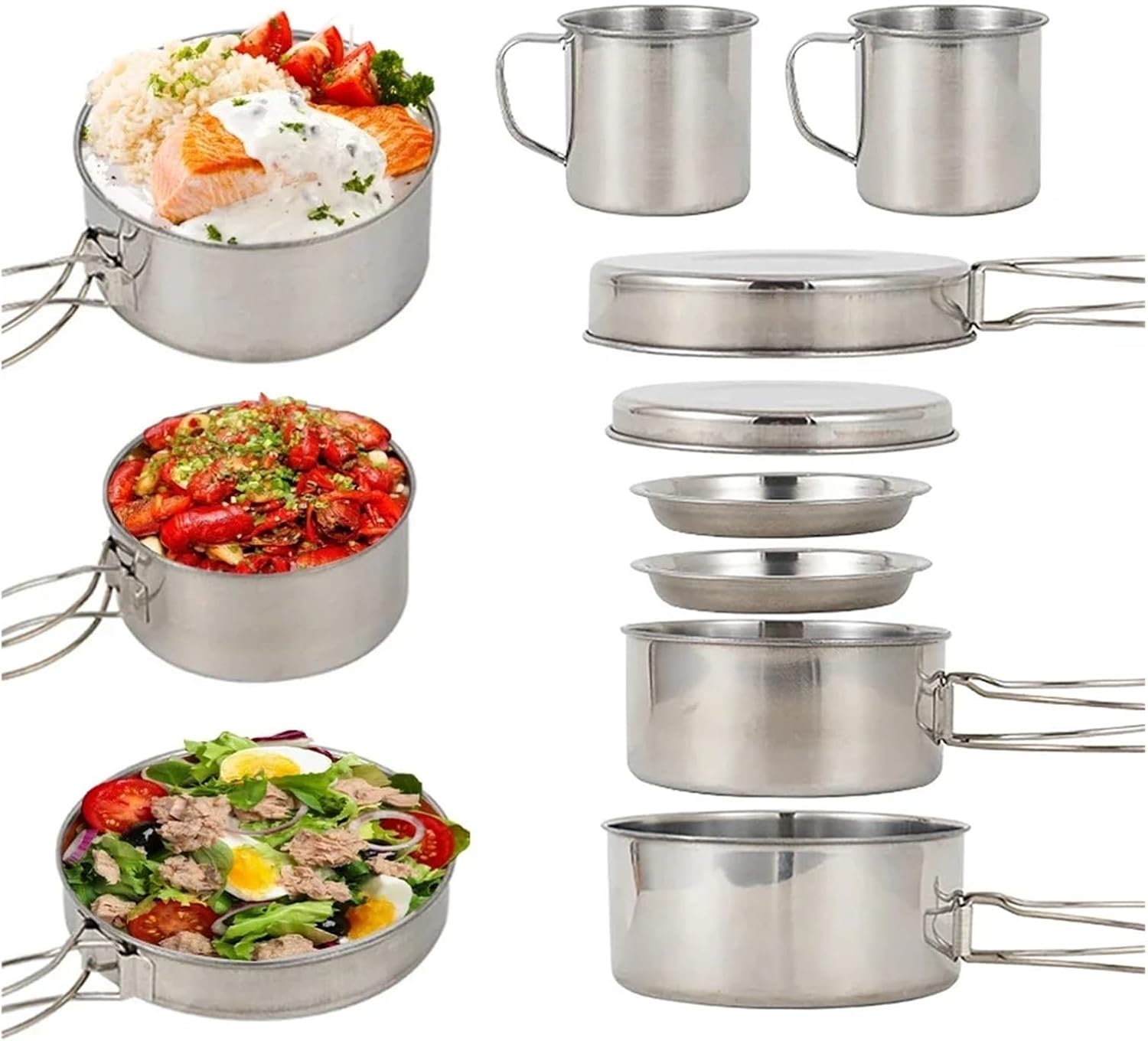 8pcs/Set Camping Cookware Mess Kit Stainless Steel Cooking Pot and Pan Set for Outdoor Hiking Backpacking