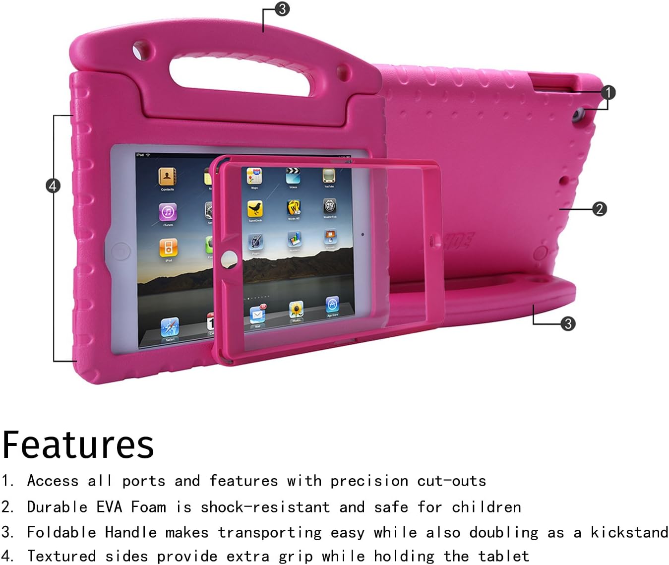 HDE Case for iPad Mini 1 2 3 Kids Shockproof Bumper Hard Cover Handle Stand with Built in Screen Protector for Apple iPad Mini 1st 2nd 3rd Generation (Hot Pink)