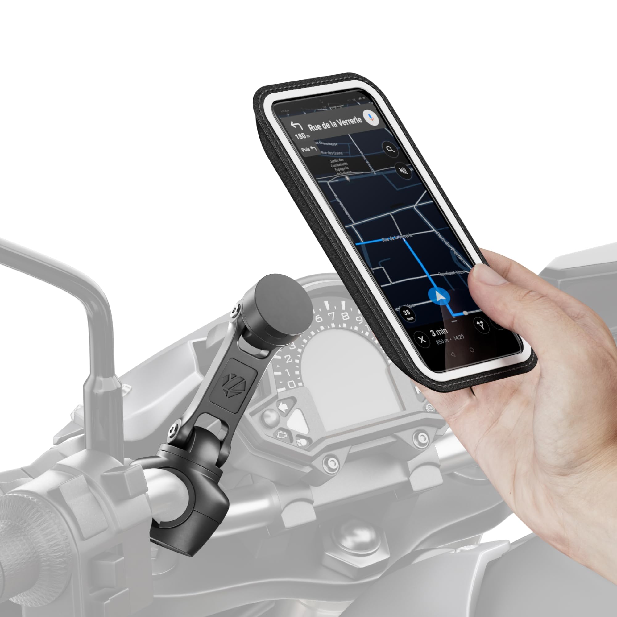SHAPEHEART innovation française, Support téléphone moto magnétique Pro avec bras articulé et pochette imperméable détachable, absorbe les vibrations. Porte téléphone pour guidon moto, scooter