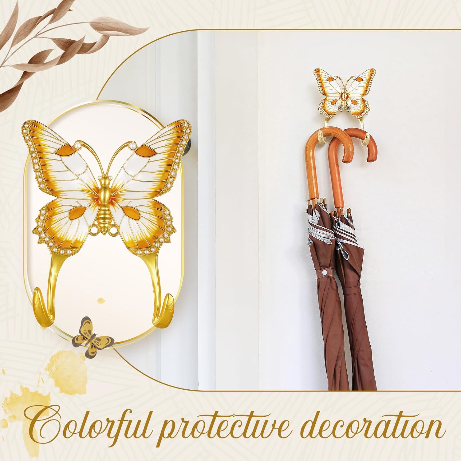 2 Pack Butterfly Decorative Wall Hooks, Antique Gold Vintage Metal Coat Hook for Hanging Towel Purse Hat Keys Clothes, Boho Home Decor for Entryway Bathroom Bedroom