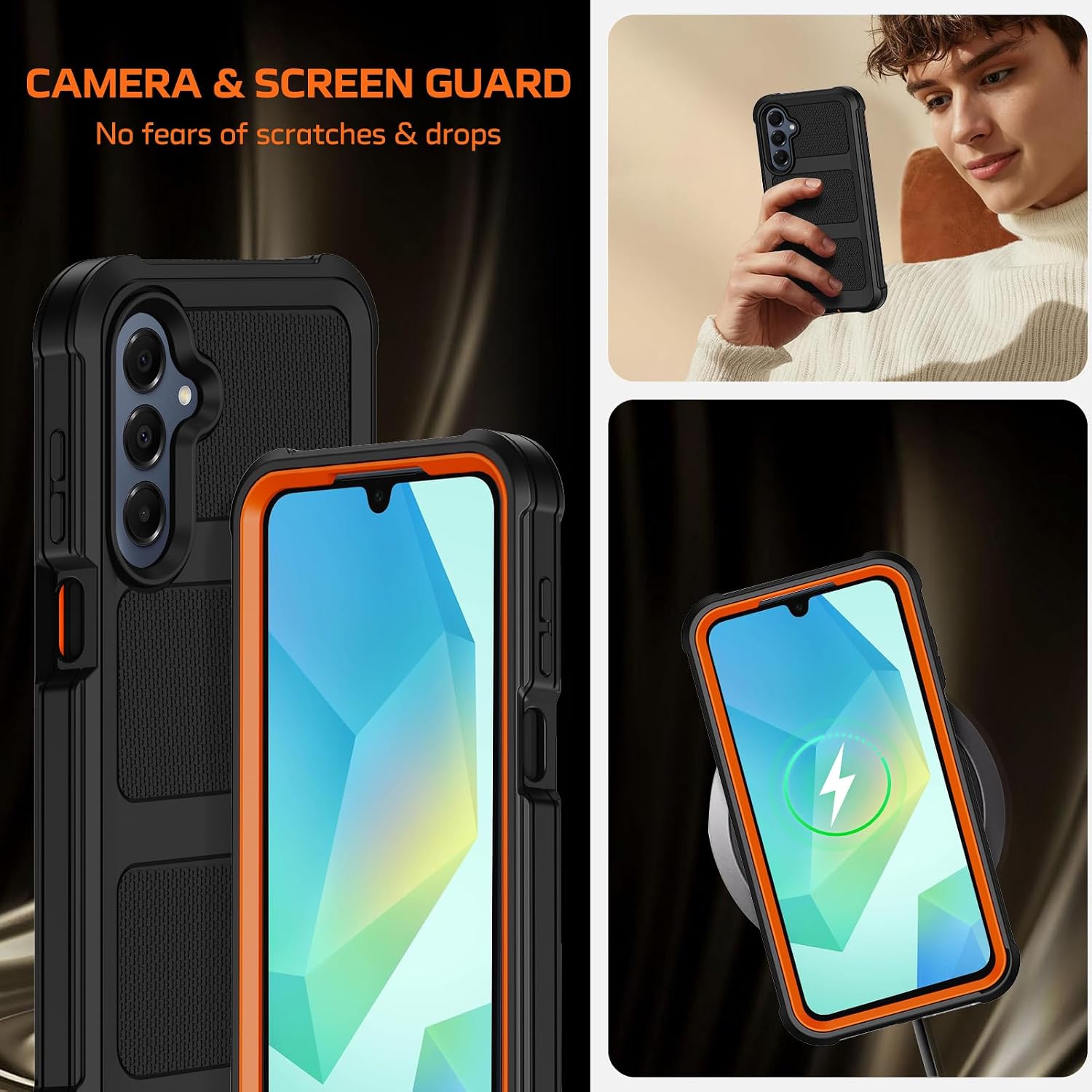 for Samsung Galaxy A16 5G Case with Belt Clip Holster & Kickstand,Military Grade Drop Tested Shockproof Heavy Duty Rugged Cover,w/2X Screen Protectors Defender Bumper Protective Cases (Black Orange)