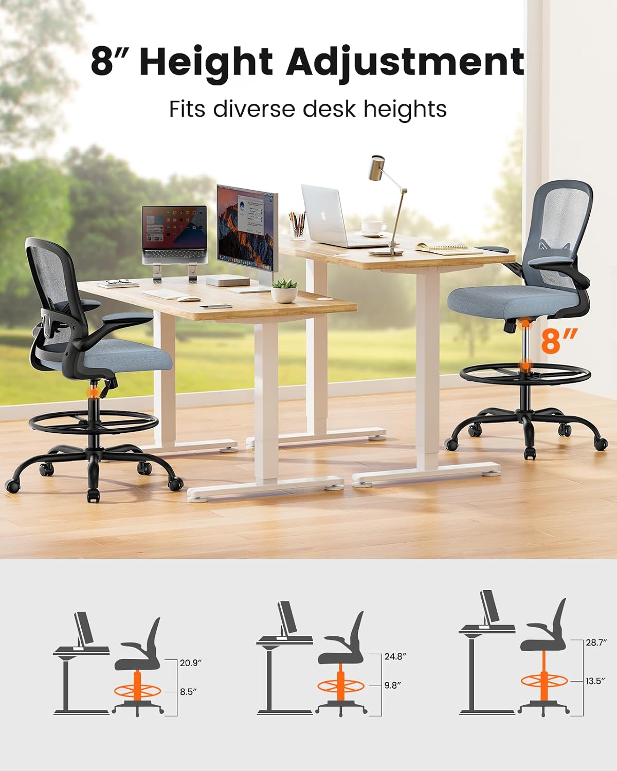 ErGear Drafting Chair,Tall Office Chair with Flip-Up Armrests, High Desk Chair Adjustable Height and Adjustable Footrest Ring, Ergonomic Standing Desk Chair with Lumbar Support, Blue thumbnail