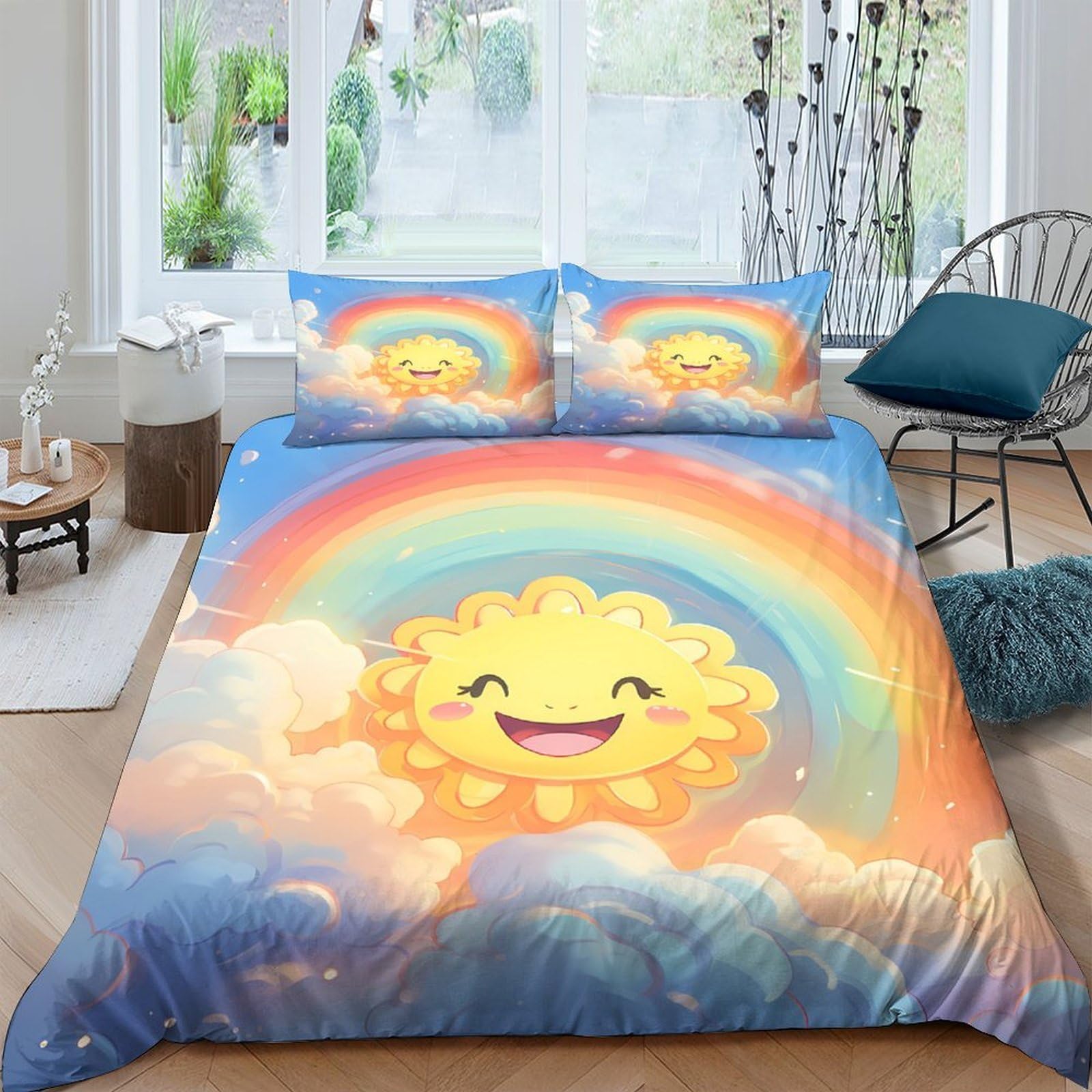 Ctjqhvkz Style-7 3D Printed Smiling Sun Rainbow Fitted Sheet Microfiber Soft Blue Cartoon Sky Mattress Cover For Bedroom Home Decor Single（135X200cm）