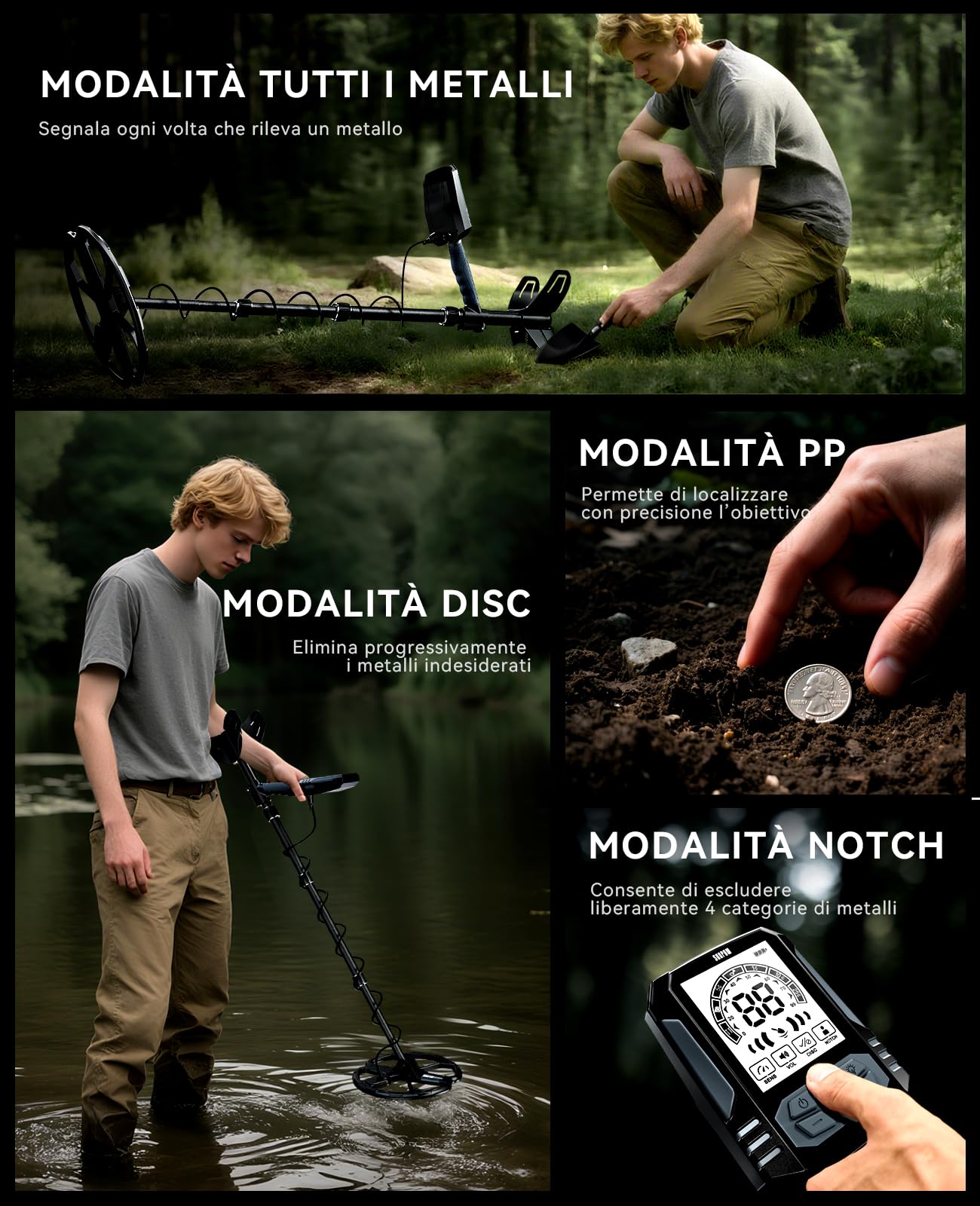 SUNPOW Metal Detector Professionale Ricaricabile per Adulti – Batteria 2500 mAh (35 h) – Metal Detector Impermeabile Oro IP68 con Bobina Double-D 25 cm, 4 modalità, Struttura Robusta – OTMD15