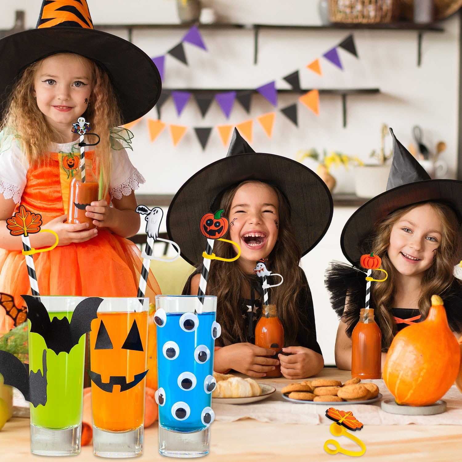 24 PCS Halloween Straw Toppers, Halloween Straw Cover Cap for Cup, 6 Style Halloween Style Cute Silicone Straw Drinking Tips Covers, Ghost Pumpkin Straw Accessories for Home Party Accessories - Image 2