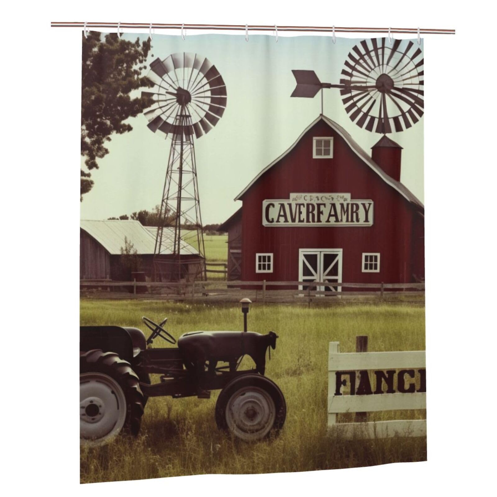 BWWHCCTI Farm Houses Windmill Tractor Printed Shower Curtain With 12 Plastic Hooks Opaque Quick Drying Waterproof Shower Curtains Sets For Bathroom 152x183 Cm
