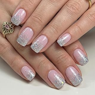 Anyos 16 Sizes Shining Design Short Square Press on Nails,Soft Gel Fake Nails Glossy 32pcs with Nail Glue (Pink Glitter)