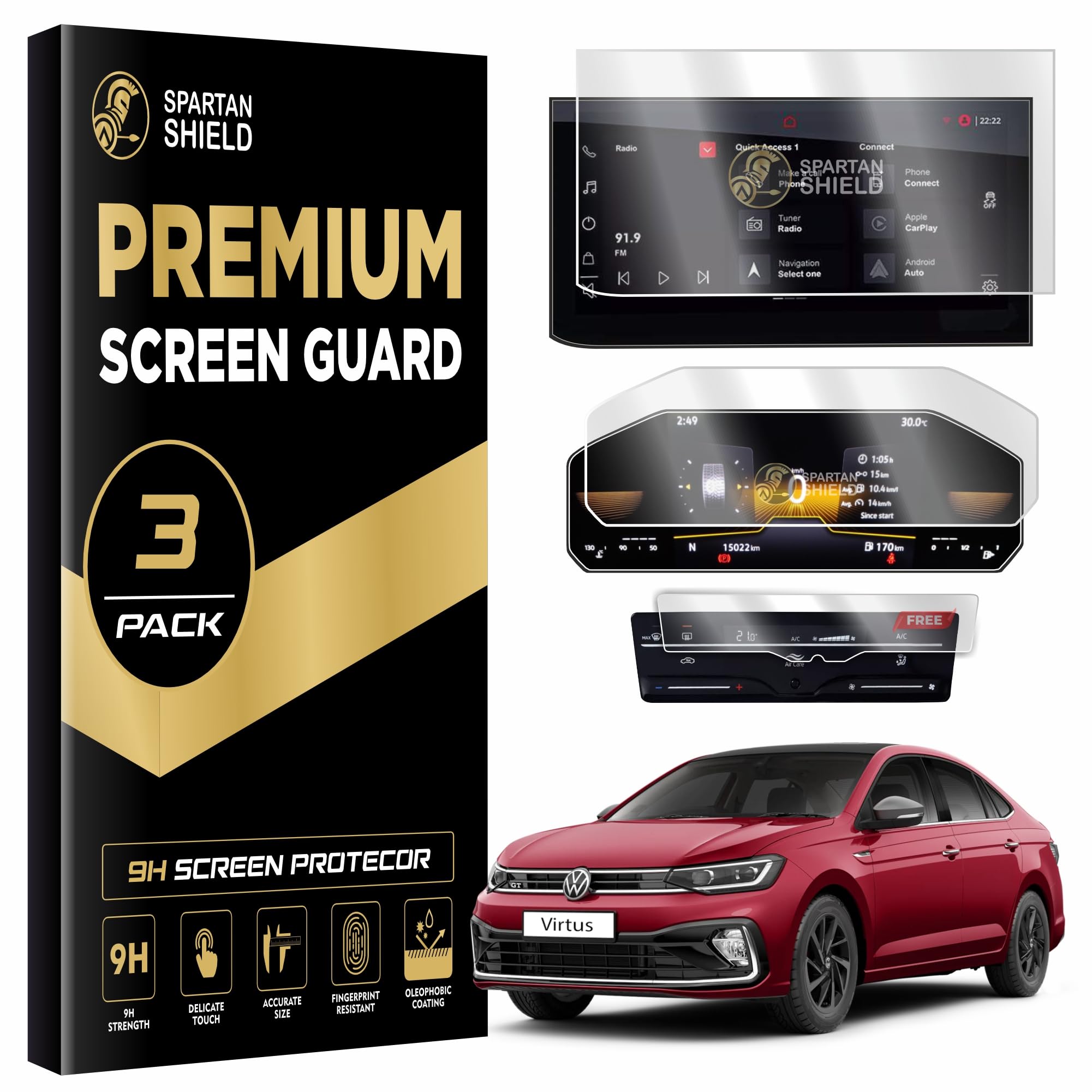 Spartan Shield [3 PACK] Screen Guard for VOLKSWAGEN VIRTUS || 10 Inch INFOTAINMENT + 8 Inches INSTRUMENT CLUSTER + AC PANEL Protector COMBO || VW VIRTIS 9H Digital Screen Protector || Car Display Accessories [Not Tempered Glass]