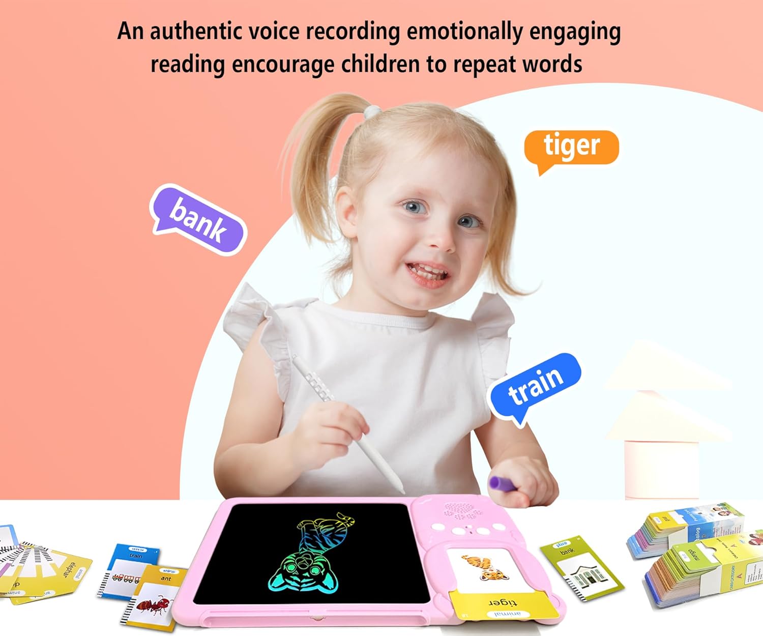 Rylai Toddler Toys Talking Flash Cards, Kindergarten Learning Resources 510 Sight Words with Drawing Tablet for Speaking Doodling, Sensory Toys for Kids with Autism, Boys Girls 2 3 4 5 6, Pink