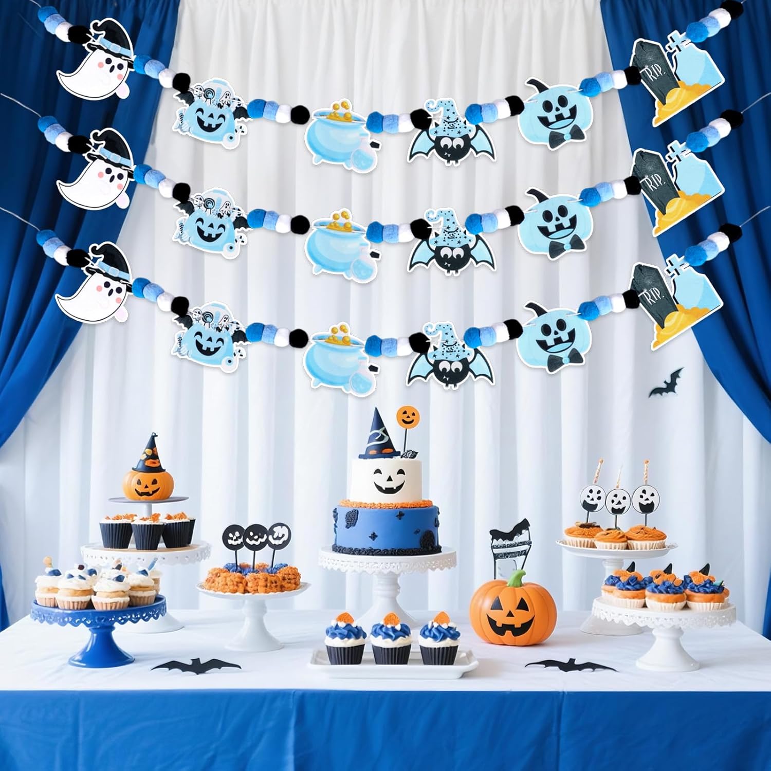 Blue Black Halloween Theme Party Decoration 3Pcs Halloween Felt Banner Ghost Felt Ball Garlands Ghost Party Decor Little Boo Pumpkin Spider Hanging Garland for 1st 2nd Birthday Baby Shower