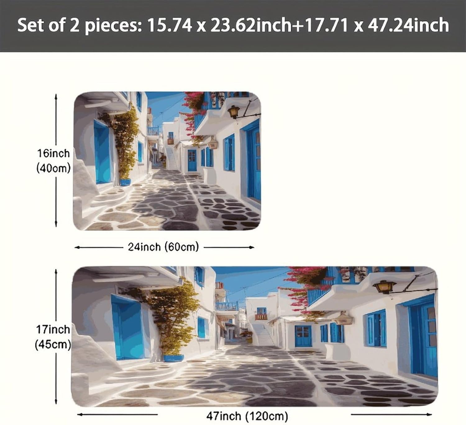 Greece Street Kitchen Mats with 2PCS Non-Slip Washable,Kitchen Rug Heavy Duty Durable, Floor Mats for Kitchen,Office,Sink,Laundry