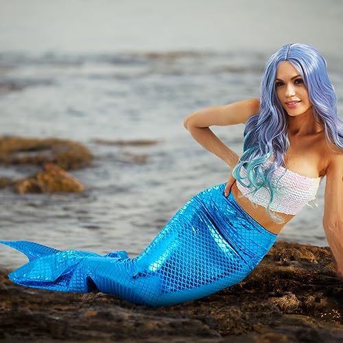 Miniatura 6 de Cindeer Disfraz de sirena de 3 piezas para mujer, incluye blusa corta de sirena con lentejuelas, parte superior metálica sin tirantes, falda de