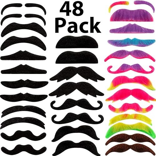 HESTYA 48 piezas de bigotes falsos Mardi Gras autoadhesivas, novedosas calcomanías de barba falsas para barba, pirata francés, detective,