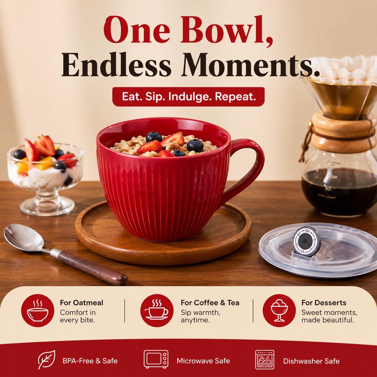 Red Ceramic Soup Bowl with Handle & Lid, 24oz Jumbo Soup Mug - Microwave & Dishwasher Safe Ceramic Ramen Bowl for Soup, Oatmeal, Salad (1 Pack)