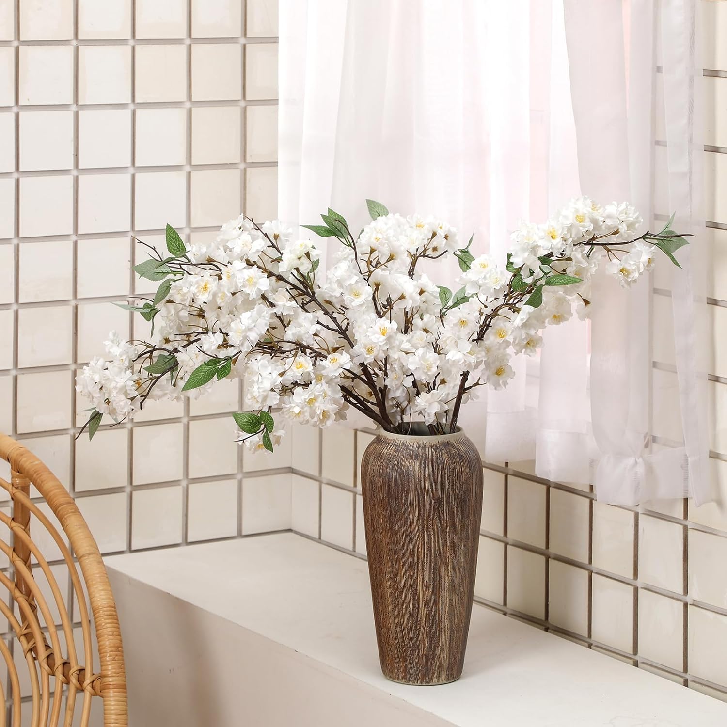 Artificial Cherry Blossom Branches 38 Inch Fake Wedding Silk Cherry Blossom Tree Stems 4 Pcs Faux Flowers Floral Arrangements for Home Vase Wedding Table Decor(White) - Image 4